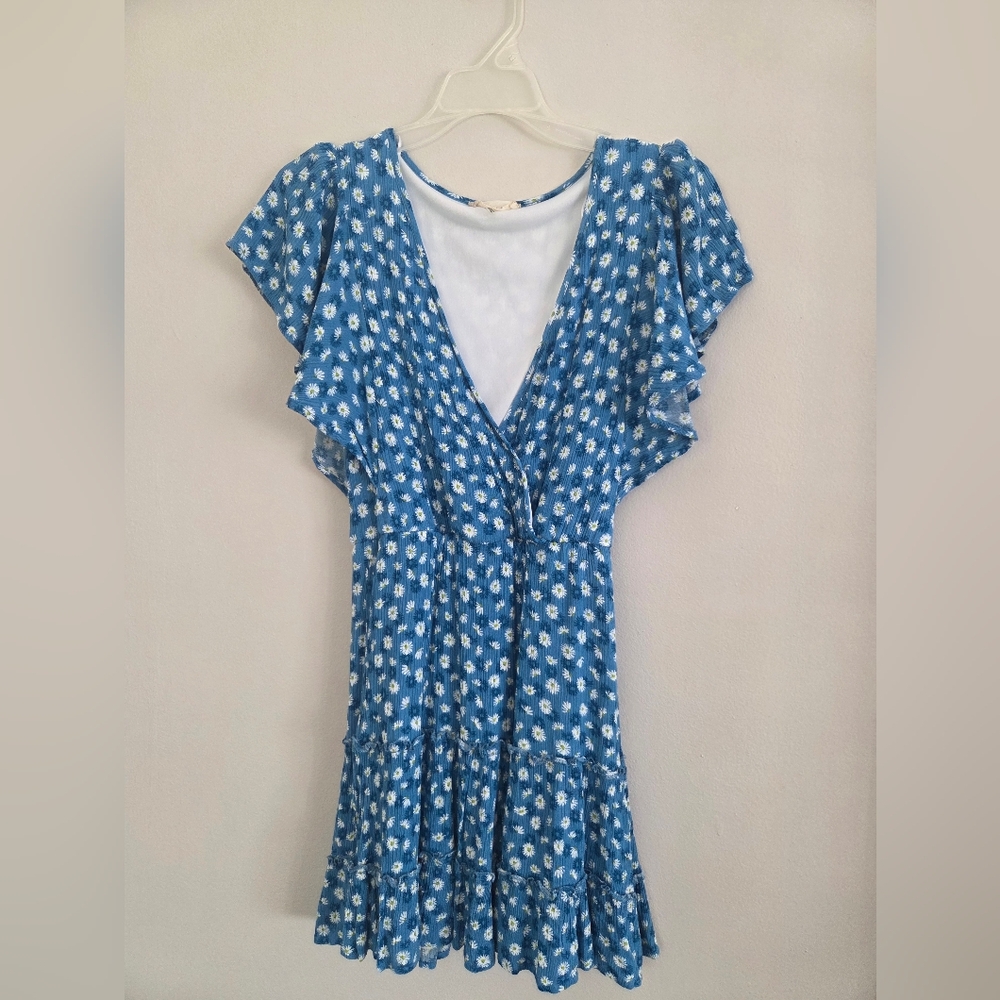 Altar'd State Blue Floral Mini Dress with Ruffle Sleeves